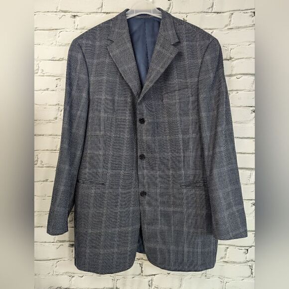 Tommy Hilfiger Wool sports coat, blazer jacket, Grey and blue houndstooth 44T - Picture 1 of 7
